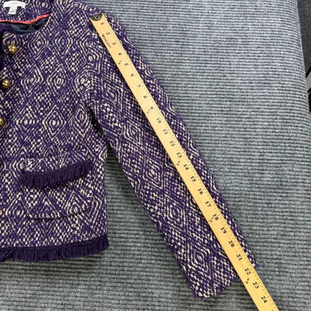 J.Crew Purple‎ Diamond Tweed Jacket Womens 6 Gold Button Fringe Trim Wool Blend - Picture 12 of 13